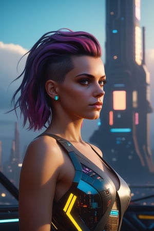 A photo of a beautiful cute young woman medium hair, with a decorated dress, safe for work (SFW), gorgeous face, Realistic Proportions, Concept art by James Gurney and Laurie Greasley, Moody Industrial skyline, ArtstationHQ, Creative character design for cyberpunk 2077