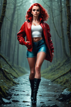A very creative picture of a very attractive young woman that is wearing a red jacket, full body photo, detailed photo, high quality, hd 4k, 8k, canon 300mm, professional photographer, 40mp, lifelike, top-rated, award winning, realistic, sharp, no blur, edited, corrected, trending on artstation, fantasy