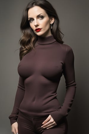 real_foto, beautiful_female, brunette hair, 35 years old, (((slender, flat stomach, thin))), ((narrow waist)), sexy smirk, intense_brown_eyes, head to thigh view,  ((wide hips, wide hips, wide hips, hourglass body shape, slender)), tight sweater, tight long elegant dress,  standing, detailed picture, tall, hourglass_figure, hourglass bodyshape, natural_skin, huge boobs, beautiful_face,  red lips, hidden_fingers, fingers_out_of_view, full_body_visible, better photography, fully_dressed, fully_covered,, cleavage.
