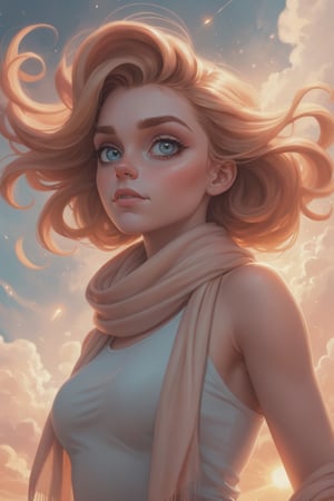 powerpuff girls style, illustration of a girl floating in the sky, scarf, floating hair, close-up, warm soft lighting, sunset, cloud, cloudy sky, (sparks:0.7), (light particles:1.1), volumetric lighting, smug, smirk, art by artgerm and greg rutkowski and alphonse mucha