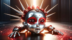 4k, masterpiece, (trendwhore style:1.4), ((head of a abstract cyborg babies)), head and body, stainless steel head, mecha pieces, robot parts, shattered reality, ((bursting light rays),   red theme. sharp details. BREAK highest quality, detailed and intricate, original artwork, trendy, vector art, award-winning, artint, SFW, ,night city,DonMW15pXL,glitter
