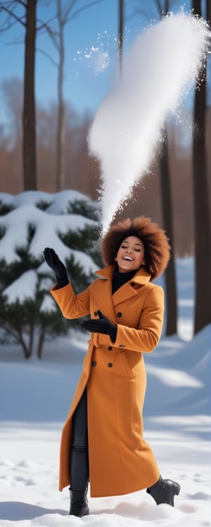 ebony playful woman throwing snow in the air

