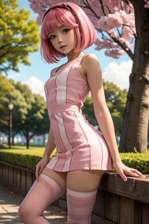 (((masterpiece))), underaged, tiny_girl, skinny, petite, loli, sthepanie, chica con cabello rosado y un top rosa, linda chica con cabello rosado corto,  stephanie, pink striped dress stockings personaje icónico, in the park, beautiful day perfecteyes