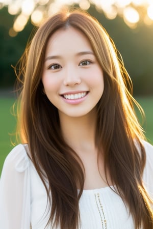 1girl, portrait, close-up, bokeh, golden hour, looking at the camera, masterpiece, accurate, anatomically correct, textured skin, front lighting, using reflectors, f/1.8, 50mm, Canon EOS 5D Mark IV, regina display, super detail, high details, high quality, best quality, highres, UHD, 1080P, HD, 4K, 8K, long straight hair, white blouse, natural landscape,big smile,cute japanese woman,