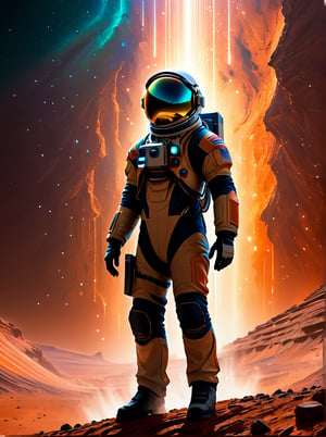 wide shot, (vibrant canvas illuminated by a cascade of colorful binary code) forming the (silhouette) of a astronaut on planet mars, intricate details, masterpiece, best quality, very aesthetic,

highly detailed, artstation, concept art, smooth, sharp focus, illustration, dynamic background, 8k resolution, masterpiece, best quality, Photorealistic, ultra-high resolution, photographic light, sunbeams, best quality, best resolution, cinematic lighting, Hyper detailed, Hyper realistic, masterpiece, atmospheric, high resolution, vibrant, dynamic studio lighting, spotlight, fantasy