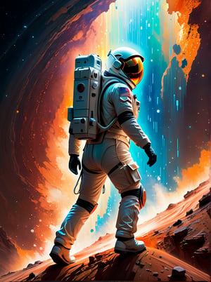 wide shot, (vibrant canvas illuminated by a cascade of colorful binary code) forming the (silhouette) of a astronaut on planet mars, intricate details, masterpiece, best quality, very aesthetic,

highly detailed, watercolor painting, artstation, concept art, smooth, sharp focus, illustration, dynamic background, 8k resolution, masterpiece, best quality, Photorealistic, ultra-high resolution, photographic light, illustration by MSchiffer, fairytale, sunbeams, best quality, best resolution, cinematic lighting, Hyper detailed, Hyper realistic, masterpiece, atmospheric, high resolution, vibrant, dynamic studio lighting, wlop, Glenn Brown, Carne Griffiths, Alex Ross, artgerm and james jean, spotlight, fantasy