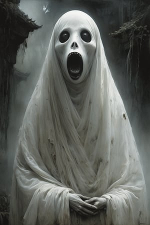 Indonesia: A grotesque Pocong, a ghostly figure wrapped in a death shroud, with hollow, sunken eyes and an eerie ability to hop after its victims, MASTERPIECE by Aaron Horkey and Jeremy Mann, sharp, masterpiece, best quality, Photorealistic, ultra-high resolution, photographic light, illustration by MSchiffer, Hyper detailed