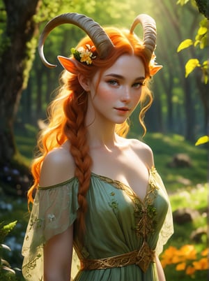 dryad maiden, moss covered skin, satyr, goat woman, goat ears,lush beautiful flower tree grove, spring, orange braided hair, golden horns, beautiful gossamer see through dress, blurry_background, freckles, long eyelashes, see through gown,

highly detailed, artstation, concept art, smooth, sharp focus, illustration, dynamic background, 8k resolution, masterpiece, best quality, Photorealistic, ultra-high resolution, photographic light, sunbeams, best quality, best resolution, cinematic lighting, Hyper detailed, Hyper realistic, masterpiece, atmospheric, high resolution, vibrant, dynamic studio lighting, spotlight, fantasy