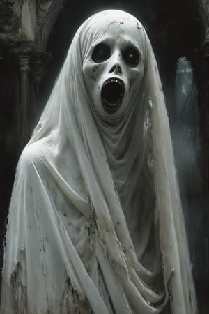 Indonesia: A grotesque Pocong, a ghostly figure wrapped in a death shroud, with hollow, sunken eyes and an eerie ability to hop after its victims, MASTERPIECE by Aaron Horkey and Jeremy Mann, sharp, masterpiece, best quality, Photorealistic, ultra-high resolution, photographic light, Hyper detailed, hyper realistic