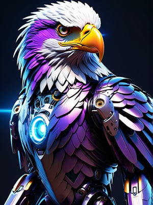 (Best quality, 8K,A high resolution,Masterpiece:1.2),Ultra-detailed),Futuristic robot bald eagle,full bodyesbian,colorful neon,High-tech mechanical parts,Metal claws and wings,Metal heads and pecks,Metal feathers,Extremely cool,Metal legs,Bionic eye,Detailed feather design,sharp beak,hovers in mid-air,Electric blue and bright purple,Vivid glowing eyes,Reflective metal surface,Gloomy environment,Dynamic pose,imposing presence,Technological progress,Interlocking mechanical gears,Dynamic and stylish design,motion blur effect,meticulous craftsmanship,Sci-fi atmosphere,Streamlined aerodynamic shape,Laser scanning pattern,holographic projections,Light-emitting circuit lines,hauntingly beautiful,Otherworldly precision,Advanced sensors,Complex algorithms,Ominous and mysterious atmosphere,electric sparks,Shiny chrome plating,Futuristic propulsion system,

highly detailed, artstation, concept art, smooth, sharp focus, illustration, dynamic background, 8k resolution, masterpiece, best quality, Photorealistic, ultra-high resolution, photographic light, sunbeams, best quality, best resolution, cinematic lighting, Hyper detailed, Hyper realistic, masterpiece, atmospheric, high resolution, vibrant, dynamic studio lighting, spotlight, fantasy