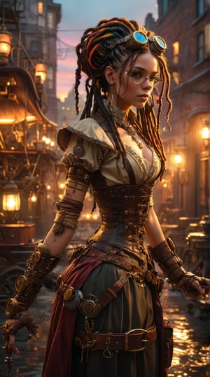 In a dimly lit, Victorian-era inspired setting, a stunning Steampunk woman poses confidently, her multicolored dreadlocks cascading down her back like a rainbow-hued waterfall. She wears a intricately designed steampunk outfit, complete with goggles and a utility belt, as she grasps a sleek, ornate weapon in her hand. The lighting is soft yet dramatic, casting a warm glow on her features. In the background, vintage machinery and clockwork contraptions hum with activity, while in the foreground, a cityscape unfolds at sunset, blending seamlessly into the unreal engine-generated environment.