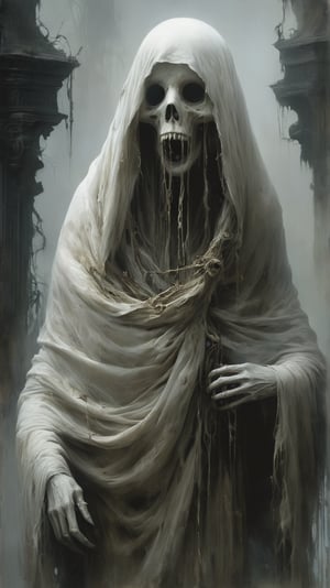 A grotesque Pocong, a ghostly figure wrapped in a death shroud, with hollow, sunken eyes and an eerie ability to hop after its victims, MASTERPIECE by Aaron Horkey and Jeremy Mann, sharp, masterpiece, best quality, Photorealistic, ultra-high resolution, photographic light, illustration by MSchiffer, Hyper detailed