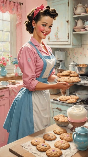 Norman Rockwell art, ultra detailed illustration in soft pastel colors, a beautiful and elegant housewife baking cookies, soft, cute smile, shabby chic livingroom environment, best quality, centered image, inspired by the 1950s ((flat colors)) ((low saturation)) pink, white, blue, vintage, by Rufino Tamayo’s