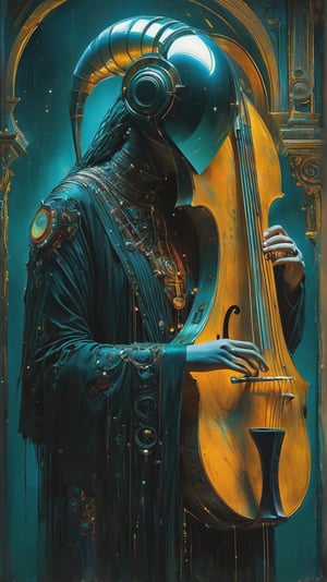 A futuristic entity playing an ancient instrument, symbolizing a timeless connection between past and future. vibrant colors. vibrant colors, MASTERPIECE by Aaron Horkey and Jeremy Mann, masterpiece, best quality, Photorealistic, ultra-high resolution, photographic light, illustration by MSchiffer, fairytale, Hyper detailed