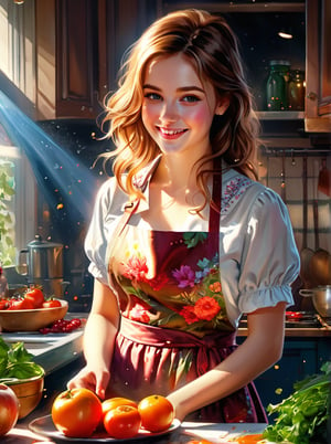 (Best Quality, Masterpiece), Women's Cooking Magazine Cover, 1girl, 20 years old, stunning, cute, warm smile, hourglass figure, floral dress, apron, food, text, chart, advertising, magazine title,

highly detailed, watercolor painting, artstation, concept art, smooth, sharp focus, illustration, dynamic background, 8k resolution, masterpiece, best quality, Photorealistic, ultra-high resolution, photographic light, illustration by MSchiffer, fairytale, sunbeams, best quality, best resolution, cinematic lighting, Hyper detailed, Hyper realistic, masterpiece, atmospheric, high resolution, vibrant, dynamic studio lighting, wlop, Glenn Brown, Carne Griffiths, Alex Ross, artgerm and james jean, spotlight, fantasy