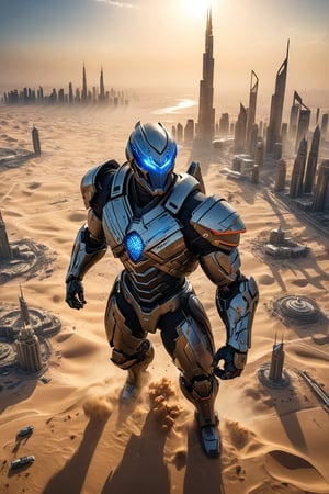 action pose. A bird’s eye view of an enormous Pacific Rim Jaeger symbolizing the United Arab Emirates. The Jaeger’s design incorporates elements of the Burj Khalifa, featuring sleek, metallic silver armor with futuristic patterns. Its headpiece is inspired by traditional Emirati architecture. The Jaeger’s eyes emit a vibrant blue glow, symbolizing innovation. The landscape below reveals urban cityscapes and desert dunes. Enhanced with glare, lens flare, and cinematic lighting, the Jaeger’s modern look is highlighted by dynamic particles and light streaks, reflecting the UAE's blend of tradition and cutting-edge technology.
(best quality, 4K, 8K, high-resolution, masterpiece), ultra-detailed, intricate designed, vibrant colors, otherworldly appearance, glowing elements, complex patterns, dynamic lighting, cinematic composition, high detail, high resolution. The result should be a breathtaking image that immerses viewers in the futuristic world of epic battles.