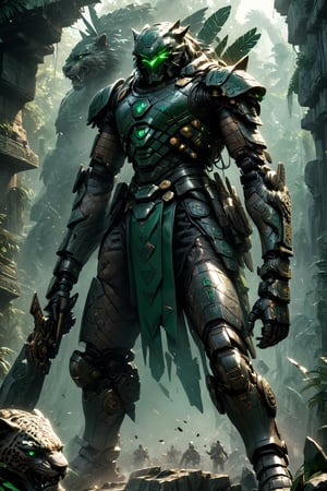 Illustrate a Jaeger inspired by ancient Mesoamerica, with armor resembling Mayan carvings and adorned with jade and obsidian. The Jaeger's helmet features a jaguar motif with glowing green eyes. It wields a massive obsidian blade, striking at a towering Kaiju amidst a dense jungle. Particles of shattered stone and energy pulses fill the air, with ancient temples and pyramids in the background. The bird's eye view captures the Jaeger's powerful movements, enhanced by cinematic lighting and richly textured details, creating a captivating image of epic conflict.
