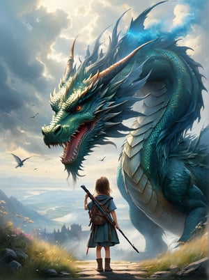 wide shot, girl, letterboxed, holding, outdoors, bird, standing, cloud, 1boy, weapon, from behind, sky, cloudy sky, animal, holding weapon, eastern dragon, monster, 1other, hat, fog,

highly detailed, watercolor painting, artstation, concept art, smooth, sharp focus, illustration, dynamic background, 8k resolution, masterpiece, best quality, Photorealistic, ultra-high resolution, photographic light, illustration by MSchiffer, fairytale, sunbeams, best quality, best resolution, cinematic lighting, Hyper detailed, Hyper realistic, masterpiece, atmospheric, high resolution, vibrant, dynamic studio lighting, wlop, Glenn Brown, Carne Griffiths, Alex Ross, artgerm and james jean, spotlight, fantasy