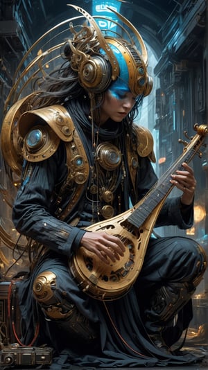 A futuristic entity playing an ancient instrument, symbolizing a timeless connection between past and future. vibrant colors. vibrant colors, MASTERPIECE by Aaron Horkey and Jeremy Mann, masterpiece, best quality, Photorealistic, ultra-high resolution, photographic light, illustration by MSchiffer, fairytale, Hyper detailed