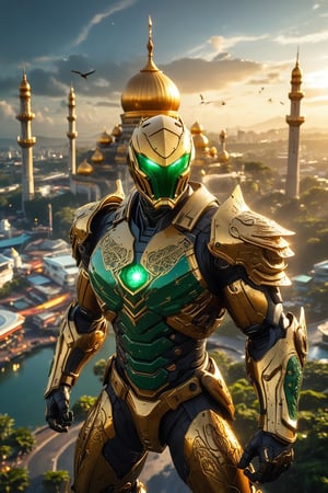 action pose .A bird’s eye view of a gigantic Pacific Rim Jaeger representing Brunei. The Jaeger’s design is heavily influenced by the iconic Sultan Omar Ali Saifuddien Mosque, featuring a golden dome and intricate Islamic patterns on its armor. The Jaeger's shoulders are adorned with golden minarets, and its chest glows with an emerald green light, symbolizing Brunei's wealth and natural beauty. The landscape below reveals a blend of urban and lush greenery, embodying Brunei's harmony between development and nature. Enhanced with glare, lens flare, and cinematic lighting, the scene sparkles with golden reflections. Particles of light and energy ripple around the Jaeger, capturing the essence of Brunei's opulence and tranquility.
(best quality, 4K, 8K, high-resolution, masterpiece), ultra-detailed, intricate designed, vibrant colors, otherworldly appearance, glowing elements, complex patterns, dynamic lighting, cinematic composition, high detail, high resolution. The result should be a breathtaking image that immerses viewers in the futuristic world of epic battles.