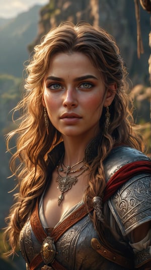 A dashing medieval female warrior, adorned in rugged yet stylish attire, with a confident smirk and fierce gaze that command respect, medieval fantasy. Swashbuckling, brave, wise and beautiful, jewelry, standing, landscape, (Cinematic lighting, ethereal light, intricate details, extremely detailed, incredible details, full colored), complex details, hyper maximalist, gorgeous light and shadow, detailed decoration, detailed lines. masterpiece, best quality, HDR, UHD, unreal engine. looking at the camera, fair skin, beautiful face, beautiful eyes, perfect eyes, detailed eyes, beautiful nose