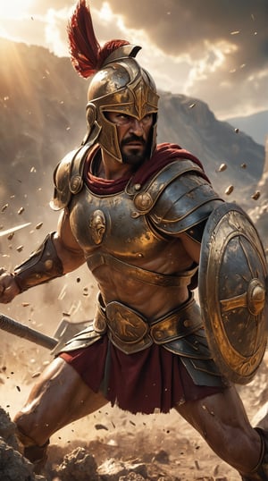 Generate a close up image of a Spartan Hoplite in the midst of battle, his rugged and matte bronze armor glinting under the sun. He stands in a dynamic pose, thrusting his spear forward, shield raised, with intense focus in his eyes. Particles of dust and debris swirl around him, capturing the chaos of combat. The background depicts an ancient battlefield with distant mountains and dramatic clouds, immersing viewers in the disciplined ferocity of this elite warrior.