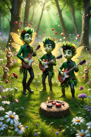 Create an image of Green Day depicted as vibrant, mischievous forest sprites, each member exuding an aura of playful energy and boundless enthusiasm. They perform on a whimsical stage set in a lush, green meadow, with flowers and foliage bursting into bloom around them. Their instruments are crafted from natural elements, glowing with a magical light. Particles and sparks dance through the air, adding to the sense of enchantment. The audience, a lively mix of woodland creatures and mythical beings, is captivated by the energetic, upbeat music that fills the meadow with joy and wonder.