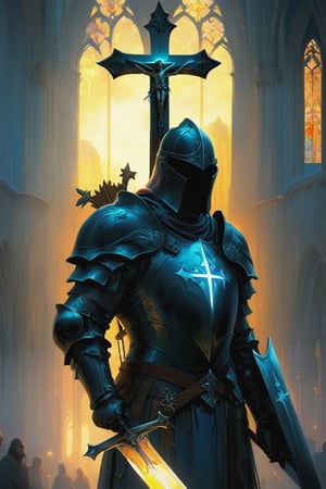 A medieval Christian knight adorned in shining armor, wielding a sword with a cross-shaped hilt, and a shield emblazoned with a glowing crucifix, set against the backdrop of a majestic cathedral at sunset. vibrant colors, MASTERPIECE by Aaron Horkey and Jeremy Mann, masterpiece, best quality, Photorealistic, ultra-high resolution, photographic light, illustration by MSchiffer, fairytale, Hyper detailed