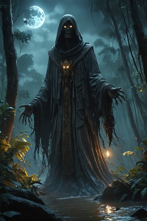 Brunei - The Hantu Tinggi: A towering specter cloaked in darkness, the Hantu Tinggi stretches to immense heights, its shadow casting fear over those who wander into the forest at night. With eyes that gleam like moonlight on water, it silently hunts its prey, dragging them into the depths of the forest where their cries are swallowed by the night.
(best quality, 4K, 8K, high-resolution, masterpiece), ultra-detailed, intricate designed, vibrant colors, otherworldly appearance, glowing elements, complex patterns, dynamic lighting, cinematic composition, high detail, high resolution. The result should be a breathtaking image that immerses viewers in the futuristic world of epic battles.