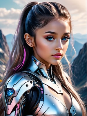 A high resolution,Ultra - detailed,current),Ariana Grande Japanese android cyborg, A black metal future technological gateway on the top of a mountain peak, robotic parts, beautiful studio with soft light, Vibrant details, Luxury cyberpunk, (Android body made of white and silver transparent glass and plastic), (Internal mechanisms of the silver+pink metal body), dynamic pose, Fluid organic components, Detailed engraving, lace designs, (Shiny gold circuits), (Face details, bright blue eyes, beautiful face, pretty eyes, Iris contour, thin lips, Thin, sharp pale eyebrows, Long, dark eyelashes, double tabs), (cowboy pose), (realistic), High detailed art 8K quality, Fanart Best ArtStation, fantasy art style, (transparent glass body), (perfect anatomy), High Definition, perfect hands, (detailed face), (no mutations), (industrial park background stones big), (Background A black metal future technological gateway on the top of a mountain peak),

highly detailed, watercolor painting, artstation, concept art, smooth, sharp focus, illustration, dynamic background, 8k resolution, masterpiece, best quality, Photorealistic, ultra-high resolution, photographic light, illustration by MSchiffer, fairytale, sunbeams, best quality, best resolution, cinematic lighting, Hyper detailed, Hyper realistic, masterpiece, atmospheric, high resolution, vibrant, dynamic studio lighting, wlop, Glenn Brown, Carne Griffiths, Alex Ross, artgerm and james jean, spotlight, fantasy