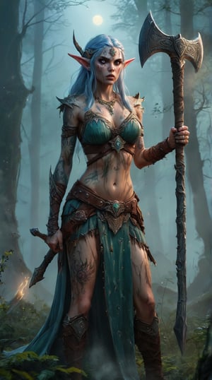 In a misty, moonlit clearing within the ancient enchanted forest, a fierce warrior-elf maiden stands tall, her tattooed skin glistening with dew. Her furious eyes blaze like stars as she wields a battle-axe, ready to face the hordes of shambling zombies that threaten her realm.