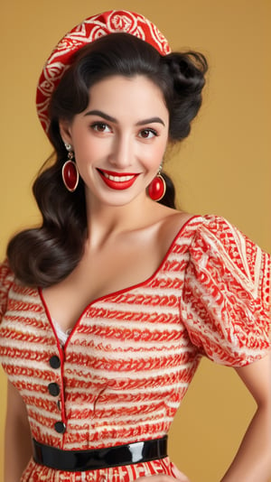 Beautiful spanish woman in intricate Retro Vintage Pin-Up Outfit, full body shot