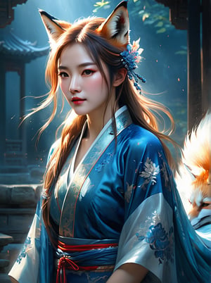 (best quality,4k,8k,highres,masterpiece:1.2),ultra-detailed, Chinese fox spirit, blue traditional Chinese dress, HDR, 8k, absurdres, cinestill 800, sharp focus,

highly detailed, watercolor painting, artstation, concept art, smooth, sharp focus, illustration, dynamic background, 8k resolution, masterpiece, best quality, Photorealistic, ultra-high resolution, photographic light, illustration by MSchiffer, fairytale, sunbeams, best quality, best resolution, cinematic lighting, Hyper detailed, Hyper realistic, masterpiece, atmospheric, high resolution, vibrant, dynamic studio lighting, wlop, Glenn Brown, Carne Griffiths, Alex Ross, artgerm and james jean, spotlight, fantasy