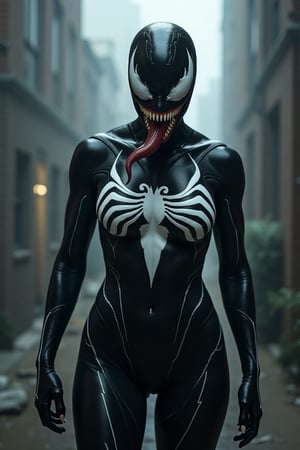 A powerful female Venom, her body covered in a sleek, glossy black symbiote suit with striking white veins and sharp, jagged patterns. Bald head. Her eyes glow with an intense, predatory stare, and her mouth reveals rows of sharp teeth with a serpentine tongue flickering out. She stands in an ominous, foggy alleyway, her silhouette looming large, muscles tense and ready to strike.