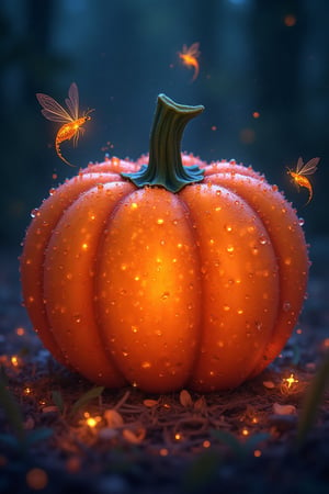 Illustrate a close-up of a vibrant pumpkin with magical, iridescent skin, covered in dewdrops that shimmer like tiny crystals. Small enchanted creatures, like glowing insects or fairies, hover around the pumpkin, adding a whimsical and otherworldly charm to the scene.