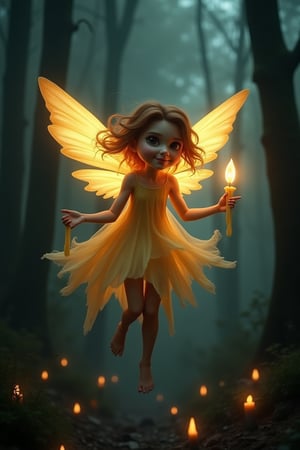 A whimsical yet eerie fairy, with wings made of soft candlelight. Her dress appears to be melting wax, and she flies through the air holding a glowing candle. The forest behind her is dark and full of mysterious, glowing candlelight from the trees. Her smile is mischievous and mysterious.