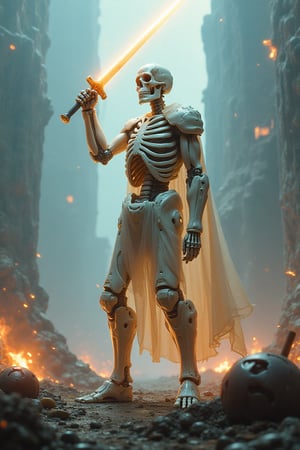 A humanoid skeleton encased in translucent armor, standing on a futuristic battlefield littered with fallen machines. Laser beams and explosions illuminate the figure as it raises a plasma sword. The skeletal figure appears both intimidating and noble, like a warrior resurrected from ancient legends in a high-tech age.