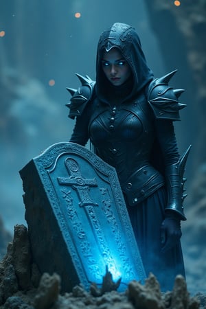 A woman clad in dark, spiked armor adorned with metallic accents stands beside a tombstone etched with unknown symbols, glowing with a soft, eerie blue light. Her face is hidden beneath a dark hood, with only her reflective, cyber-enhanced eyes visible. Jagged alien rock formations surround the tombstone, shrouded in an ethereal mist as distant stars and planets dot the sky.