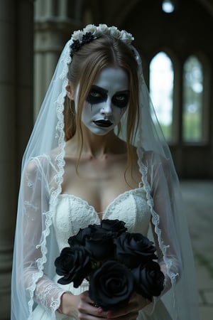 A gothic horror bride with white, ghostly makeup and dark hollow eyes, her face painted to resemble cracked porcelain. She wears a shredded white wedding dress, with a lace veil partially obscuring her hollow, sorrowful gaze. Her lips are painted a deep black, and she holds a decayed bouquet of black roses. The background shows an abandoned gothic church, its shadowy interior adding a chilling, ethereal atmosphere.