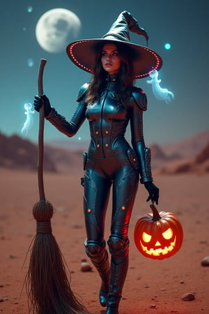 A futuristic witch in a sleek, metallic suit stands against the backdrop of a Martian landscape, celebrating Halloween in space. She holds a glowing, holographic broomstick, and her hat is crafted from high-tech materials with neon accents. Floating holographic ghosts appear around her, and a digital pumpkin floats nearby, casting an eerie light. Her expression is mysterious, with a blend of magic and advanced technology in her outfit. The scene captures the fusion of Halloween elements with an otherworldly sci-fi environment, portraying Halloween celebrations beyond Earth.