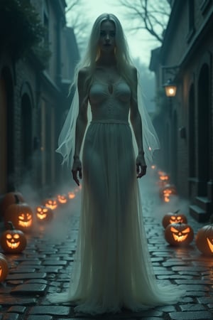 Create an image of a gothic Halloween phantom woman, spectral and ethereal. She stands in a cobblestone street lined with jack-o'-lanterns, wearing a tattered white dress that floats like mist around her. Her skin glows faintly under the moonlight, and fog swirls at her feet, giving her a haunting, spectral elegance amidst the quiet Halloween night.