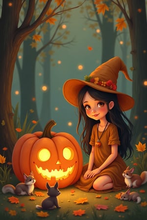 Illustrate a young, sweet-natured witch sitting beside a large, glowing pumpkin in a cozy autumn forest clearing. She’s wearing a simple but enchanted dress inspired by fall colors, with a pumpkin pendant around her neck. Small woodland animals gather around her as she shares her gentle magic with them, her face glowing with kindness and wonder.