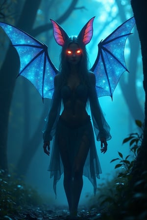 Create a female human-bat hybrid character, with bioluminescent wings and glowing eyes. Her bat-like features, including delicate fangs and pointed ears, make her an excellent nocturnal scout. The setting is a glowing, alien forest, where she uses her enhanced senses and silent flight to navigate the eerie, bioluminescent landscape.