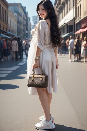 1girl, solo, long hair, black hair, dress, standing, (selfie shot), shoes, bag,louis vuitton bag, white footwear, sneakers, photo background,Perfect lips, (large bearsts:1.1), (happy smile:1.2, (from below:1.2), profile