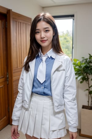 masterpiece, best quality, ultra-detailed, 1girl, aris, white jacket, white shirt, blue necktie, pleated skirt, halo, indoors, smile