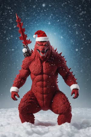 Extreme detailed Godzilla, ((full body:1.3)),  Godzilla, large CROWs, Futuristic Beam weapon, symmetry design , Monster, exoskeleton Godzilla, ((santa claus red costume)), ((sant hat)), Midnight, (((christmas decorations:1.9))), (snow flakes falling:1.9), (from below:1.9)