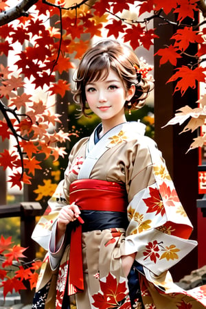 score_9,score_8_up, masterpiece, in the style of a hanafuda deck, a lovely Japanese girl (short cute brown hairdo, soft smile, dimples, kimono, elegant, wondrous expression)  walking under bright-red maple leaves), (Japanese Hanafuda design background).