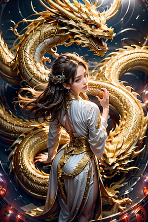 (Absurd, High Resolution, Super Detail) (Masterpiece), (Very Complex: 1.3), (Realistic), Cinematic Lighting, 4K, (Masterpiece), Dreamy, (Golden Dragon Surround: 1.9),
1 girl, (wearing a women's Chinese Taoist robe, sleeveless, showing thighs: 1.9, long hem), light, magic, glittering light swirl, (dragon body Stroking hands: 1.2), Long hair floating in the wind, (from above:1.3), ((8 rising lights:1.9))
