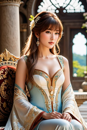 ((full body:1.9)), A majestic goddess blooms in a lavish palace setting. She sits serene, her long chestnut hair framing her face with high bangs. Her eyes, radiant with light brown hues and highlights in the pupils, gaze upward as her chin subtly tilts towards the sky. Plump cheeks and lips curve into a gentle smile, illuminating her small, exquisite features. Delicate Dutch-inspired brushstrokes bring her physiologically correct body to life, set against an out-of-focus background with shallow depth of field. The 350mm telephoto lens captures every detail in stunning 8K resolution, with noise removed for unparalleled realism. Her skin glows with a subtle shine, as if kissed by the divine. Unreal Engine's precision rendering brings this digital masterpiece to life, showcasing her enchanting beauty.