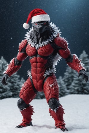 Extreme detailed Predator,((full body:1.3)),  Godzilla ,large CROWs,Futuristic Beam weapon,symmetry design Monster,exoskeleton Godzilla, ((santa claus red costume)), ((sant hat)), Midnight, (((christmas decorations))), (snow flakes falling:1.8), (from below:1.5)